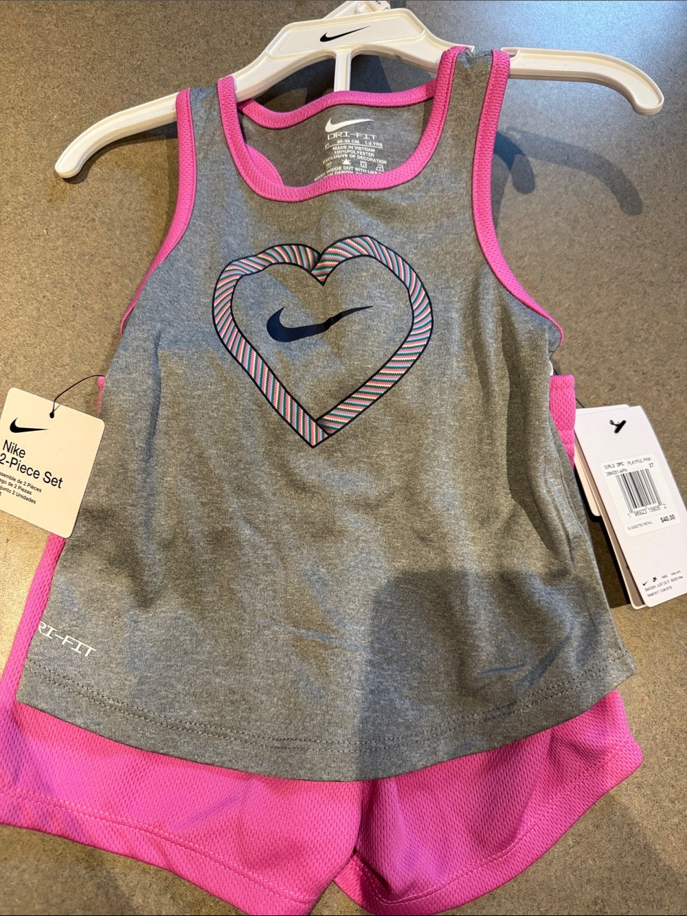Nike Gray and Pink Girls 2-Piece Active Set with Heart Logo